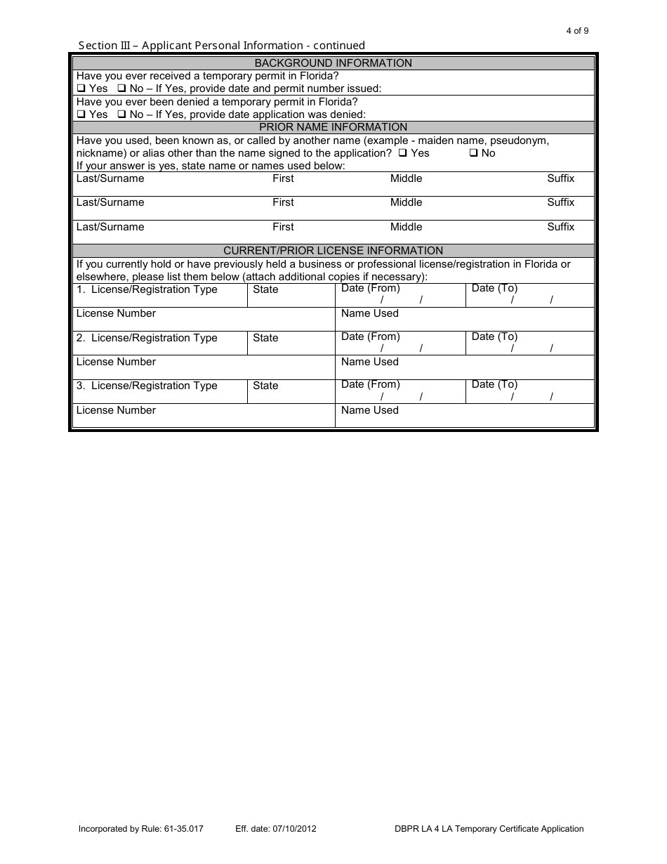Form DBPR LA4 Application for Licensure: Certificate of Temporary Authorization or Registration - Florida, Page 4