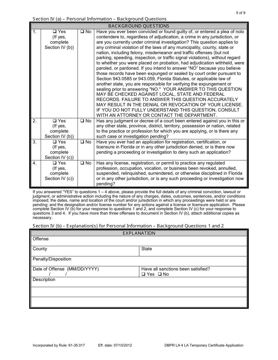 Form DBPR LA4 Application for Licensure: Certificate of Temporary Authorization or Registration - Florida, Page 5