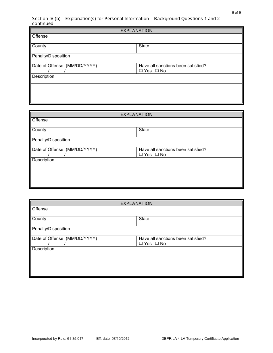 Form DBPR LA4 Application for Licensure: Certificate of Temporary Authorization or Registration - Florida, Page 6