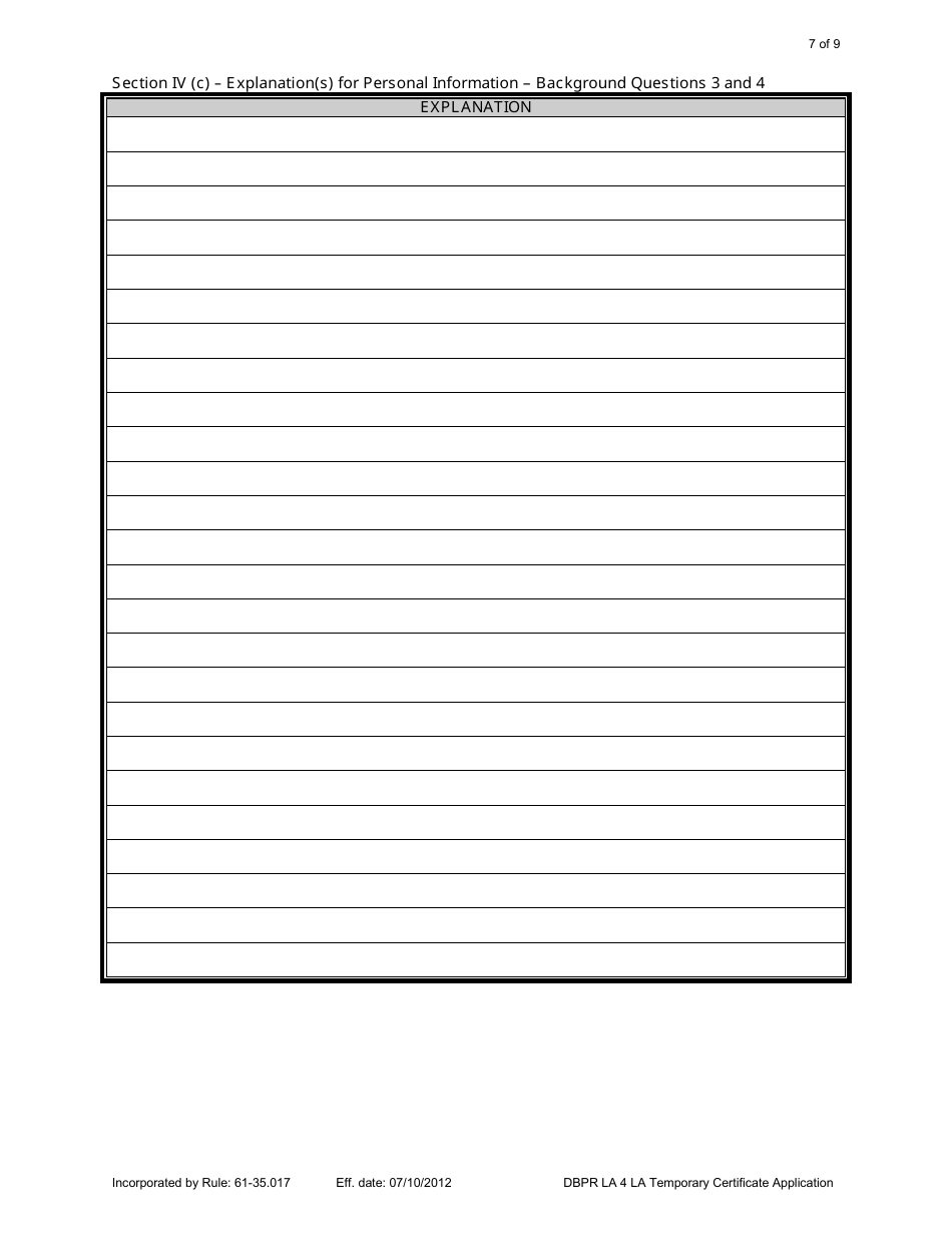 Form DBPR LA4 Application for Licensure: Certificate of Temporary Authorization or Registration - Florida, Page 7