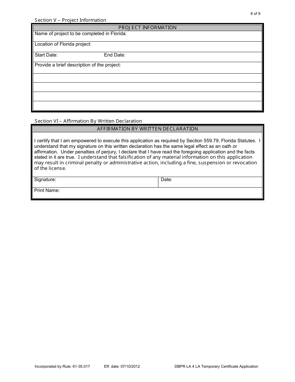 Form DBPR LA4 Application for Licensure: Certificate of Temporary Authorization or Registration - Florida, Page 8