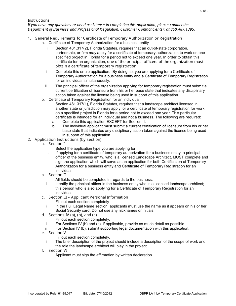 Form DBPR LA4 Application for Licensure: Certificate of Temporary Authorization or Registration - Florida, Page 9