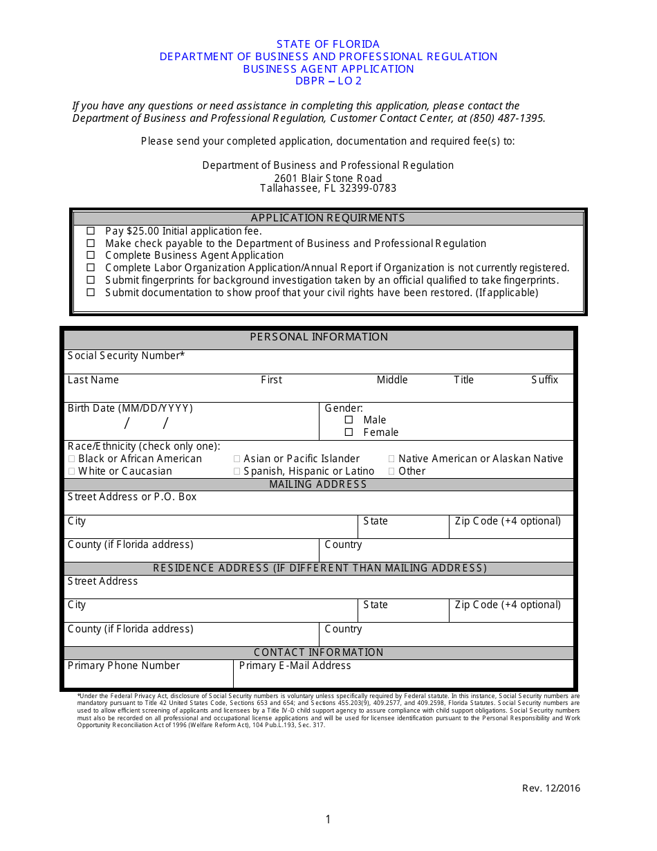 Form DBPR-LO2 Business Agent Application - Florida, Page 1