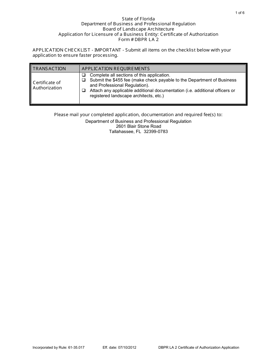 Form DBPR LA2 Application for Licensure of a Business Entity: Certificate of Authorization - Florida, Page 1