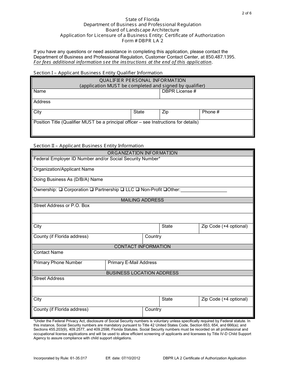 Form DBPR LA2 Application for Licensure of a Business Entity: Certificate of Authorization - Florida, Page 2