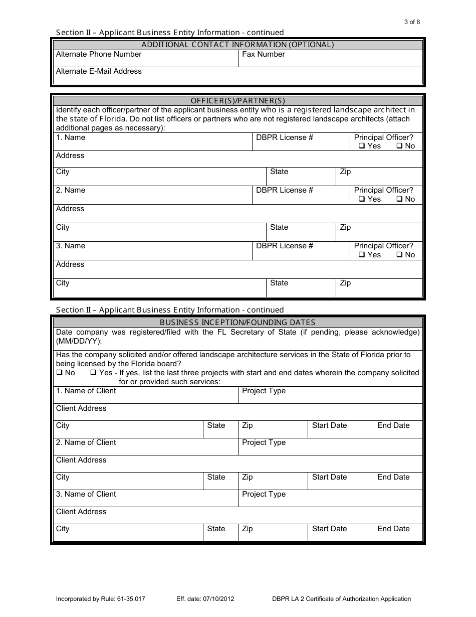 Form DBPR LA2 Application for Licensure of a Business Entity: Certificate of Authorization - Florida, Page 3