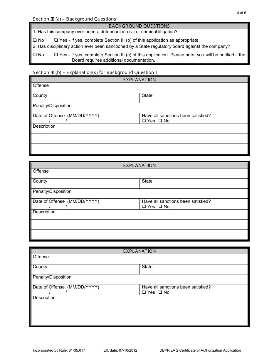 Form DBPR LA2 Application for Licensure of a Business Entity: Certificate of Authorization - Florida, Page 4