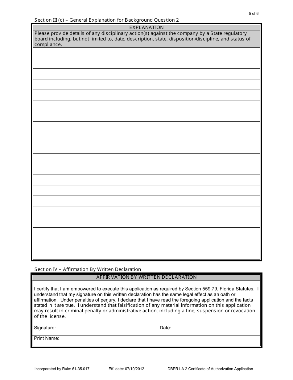 Form DBPR LA2 Application for Licensure of a Business Entity: Certificate of Authorization - Florida, Page 5