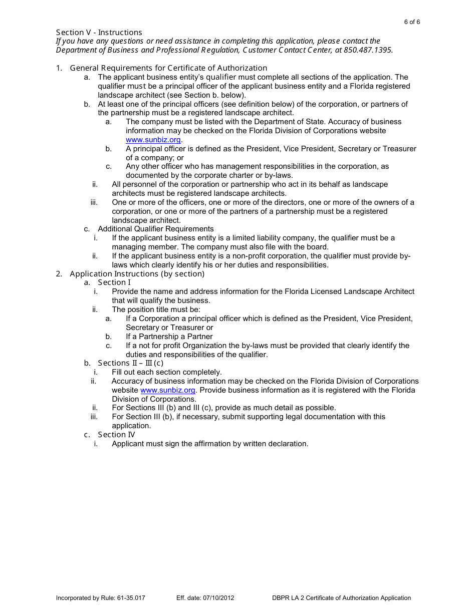 Form DBPR LA2 Application for Licensure of a Business Entity: Certificate of Authorization - Florida, Page 6