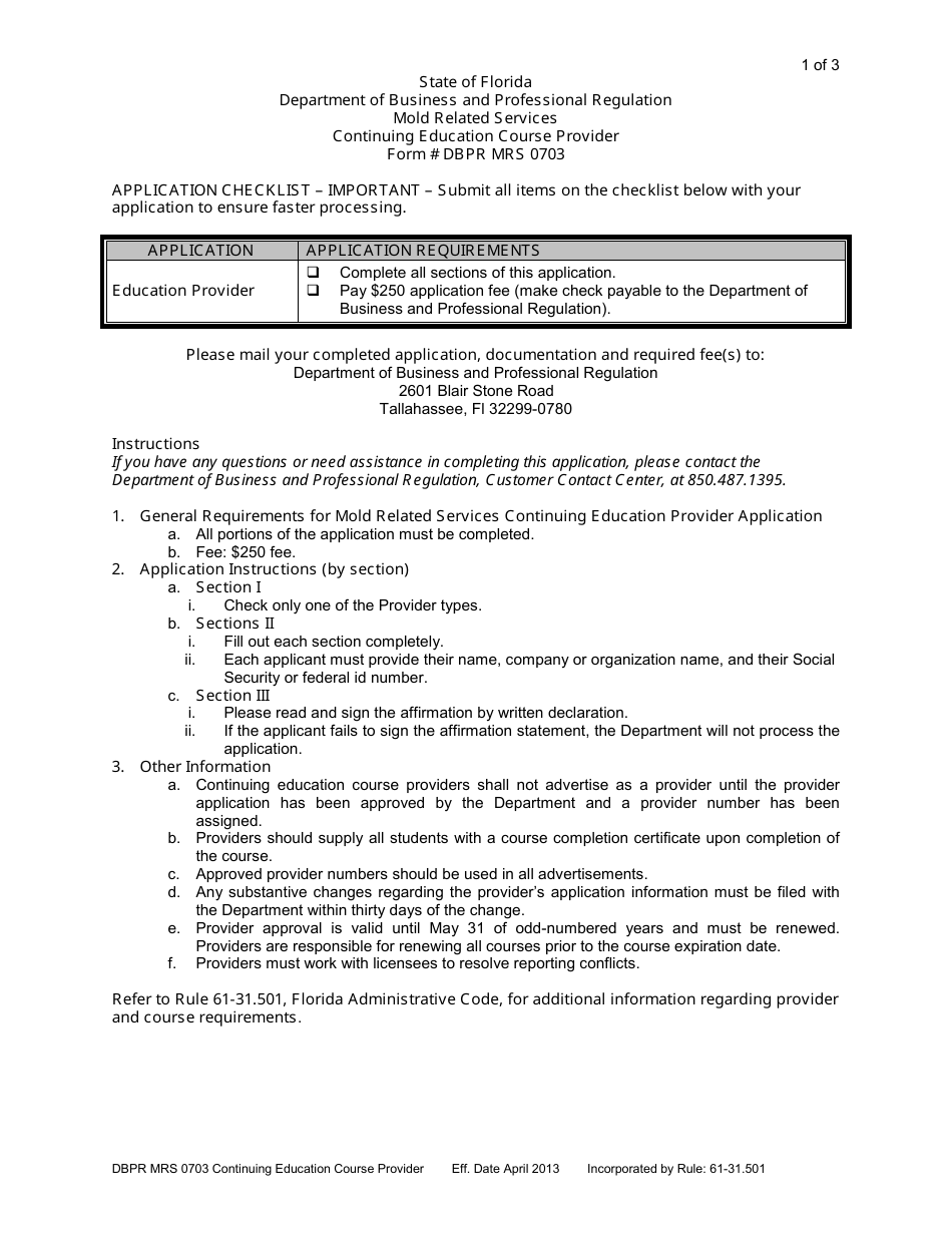 Form DBPR MRS0703 - Fill Out, Sign Online and Download Printable PDF ...