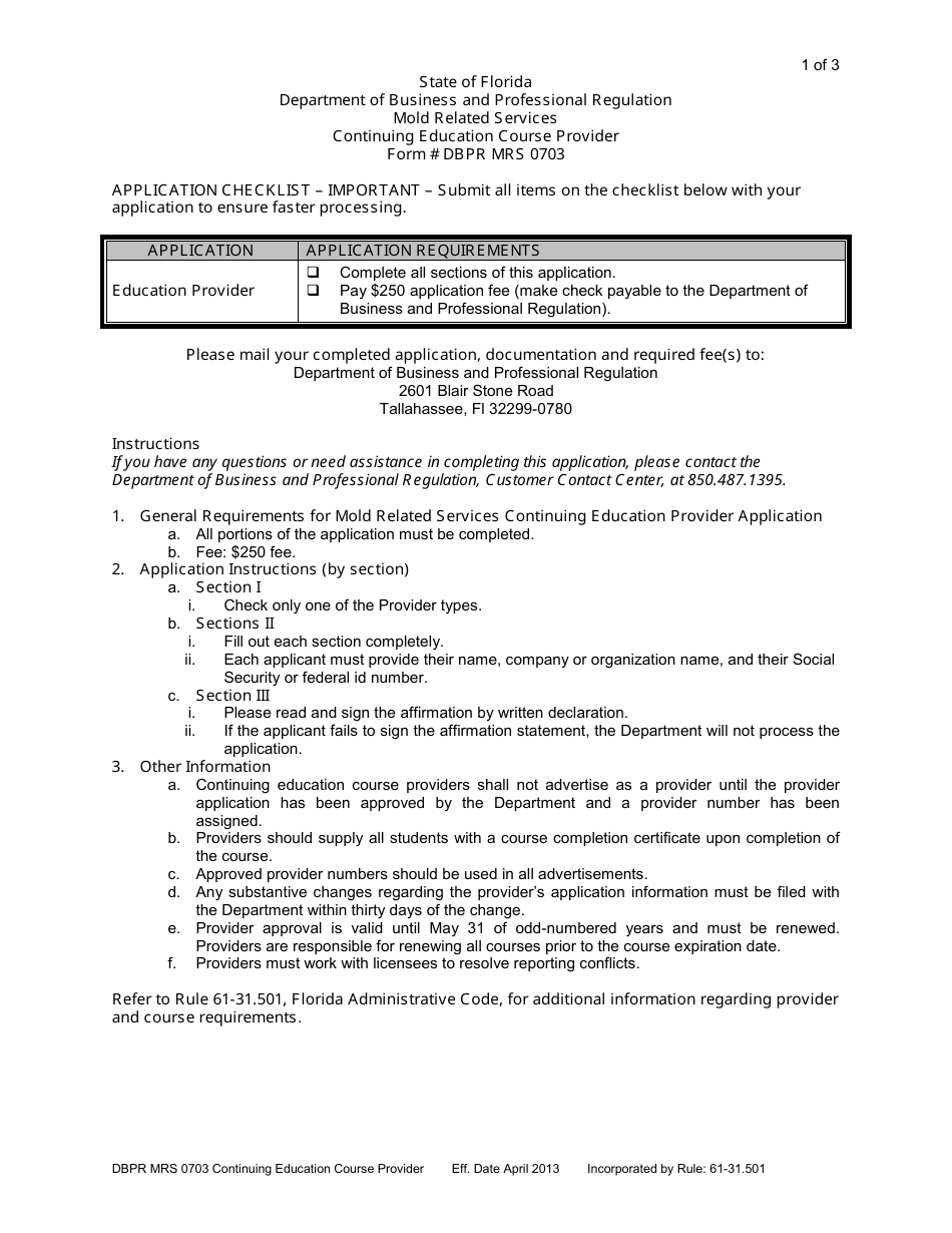 Form DBPR MRS0703 Continuing Education Course Provider Application - Florida, Page 1