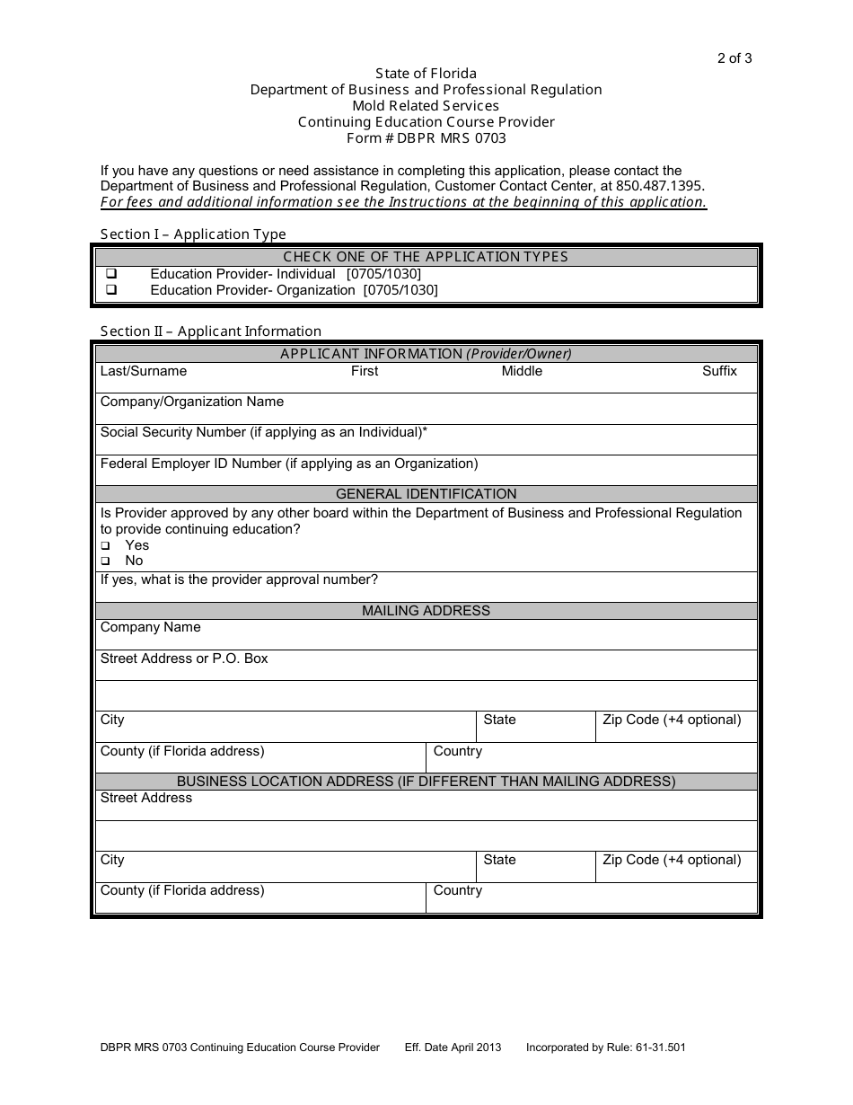Form DBPR MRS0703 Continuing Education Course Provider Application - Florida, Page 2