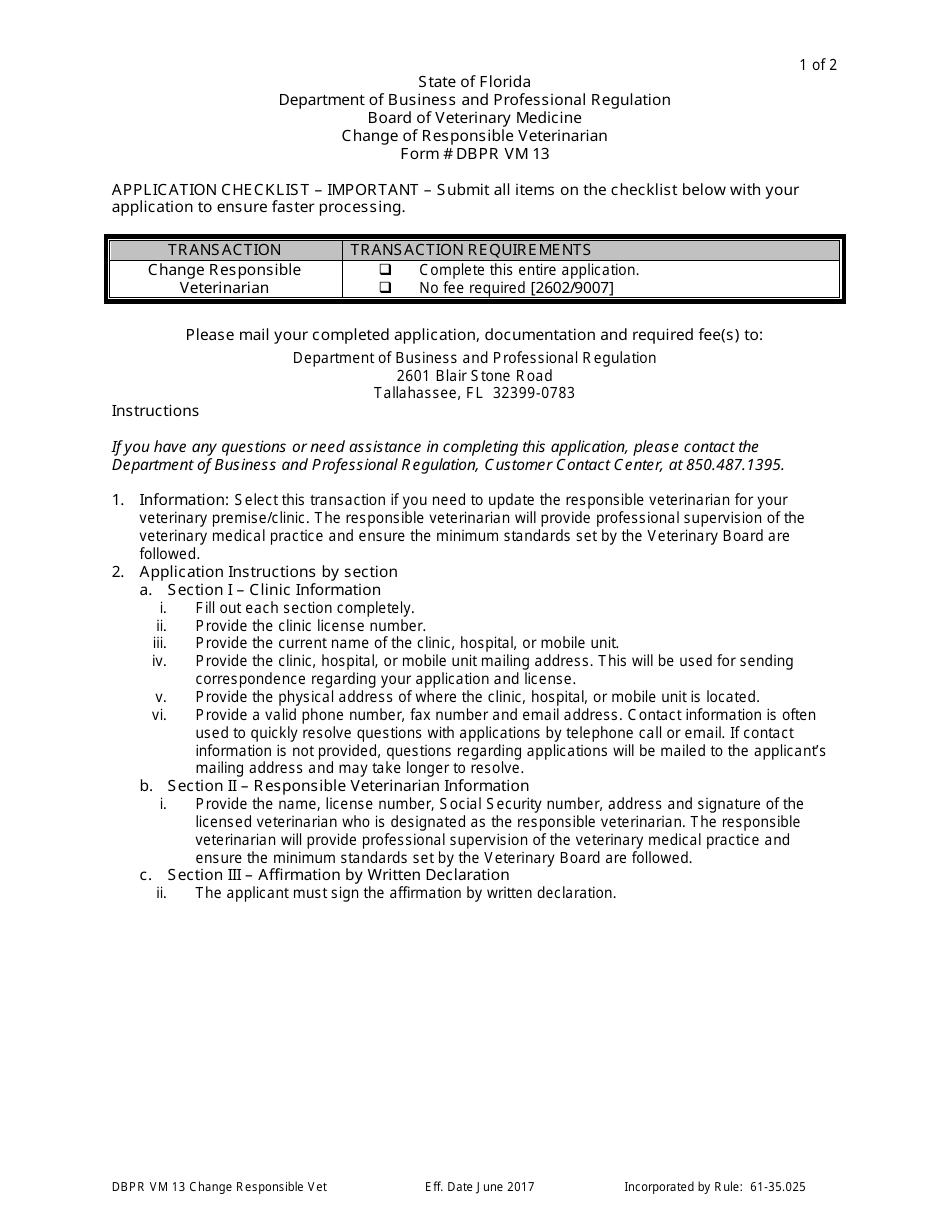 Form DBPR VM13 Change of Responsible Veterinarian - Florida, Page 1