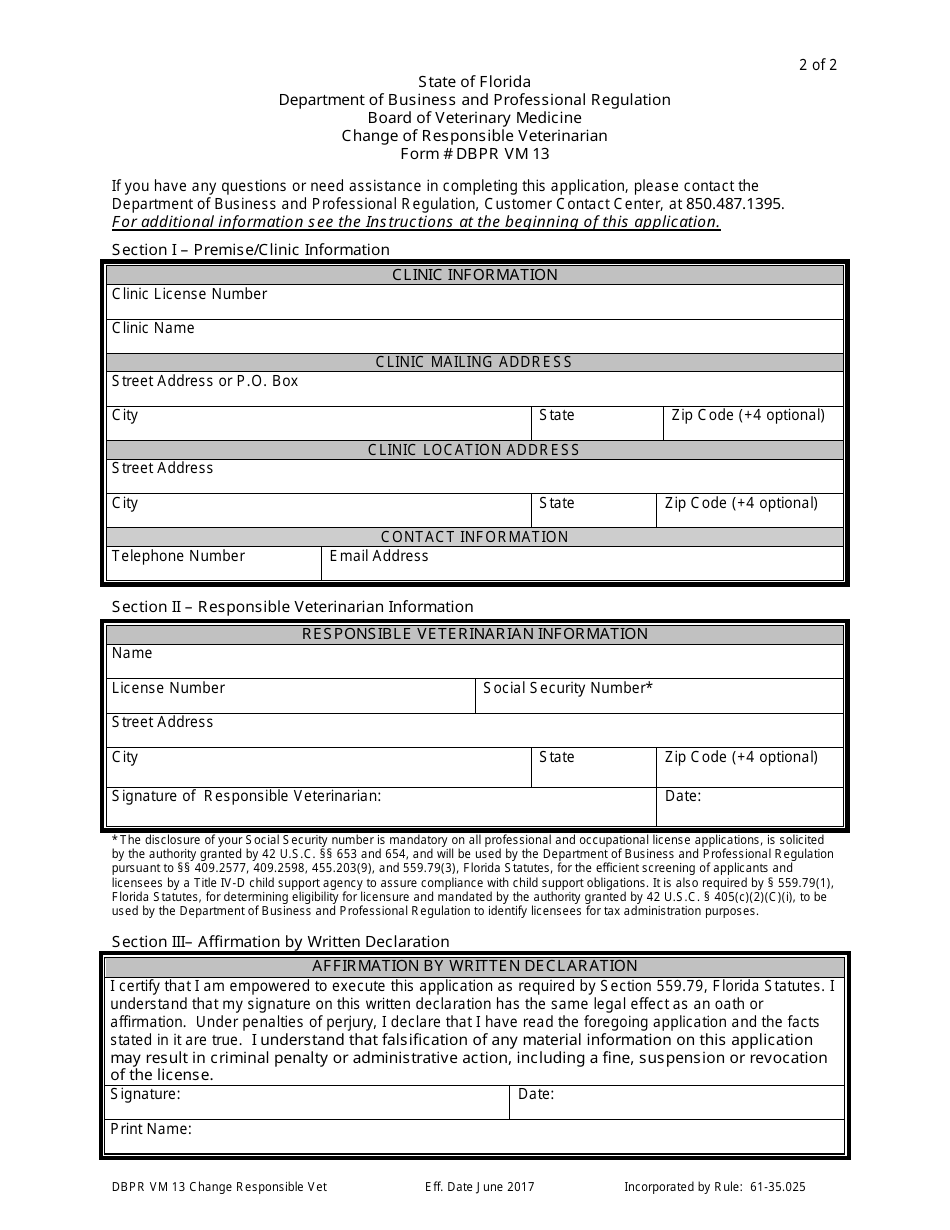 Form DBPR VM13 Change of Responsible Veterinarian - Florida, Page 2