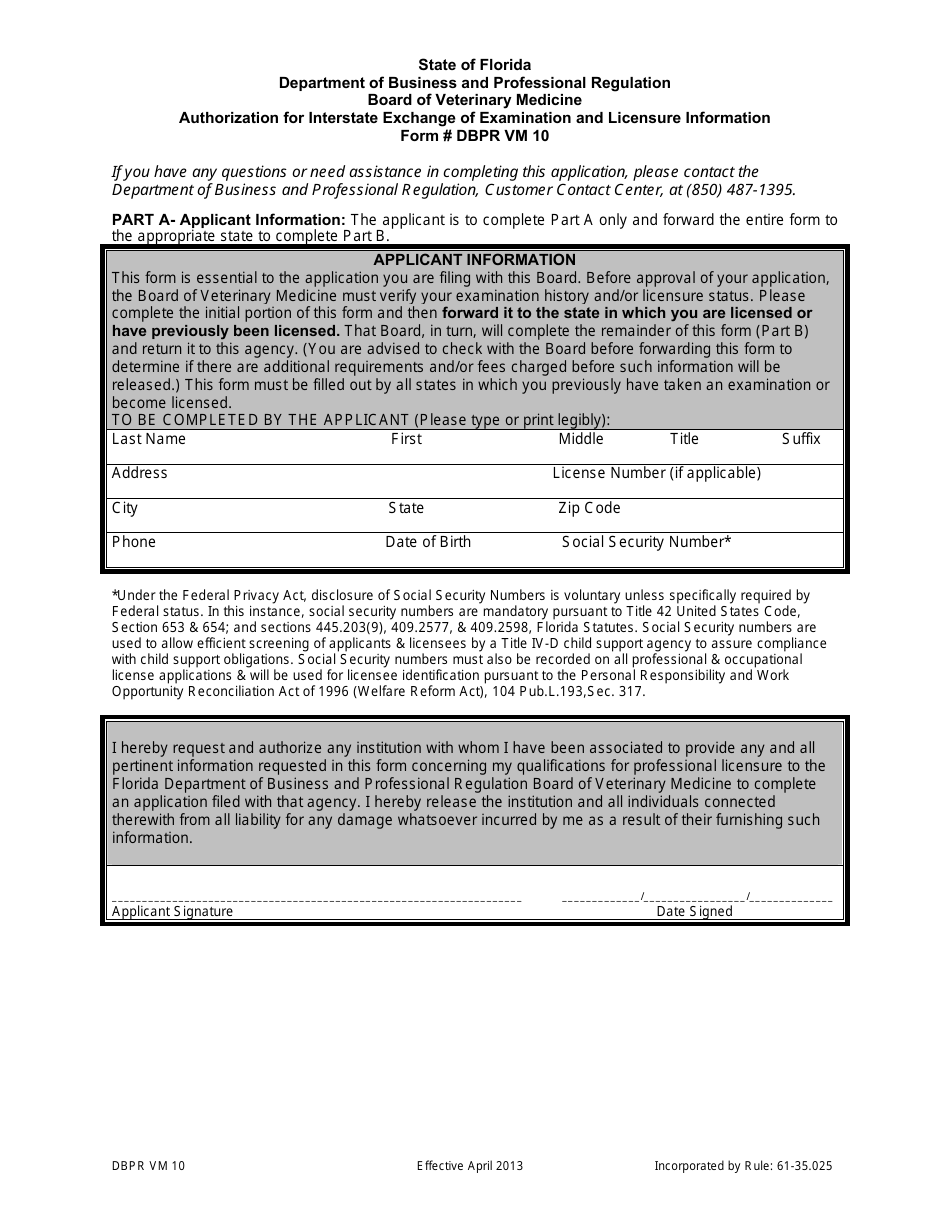 Form DBPR VM10 Authorization for Interstate Exchange of Examination and Licensure Information - Florida, Page 1