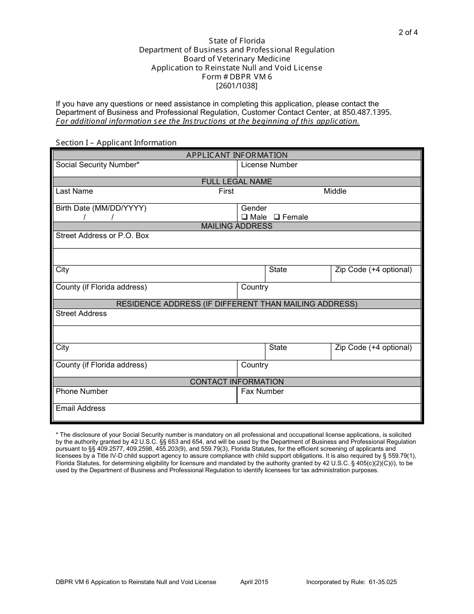 Form DBPR VM6 Application to Reinstate Null and Void License - Florida, Page 2
