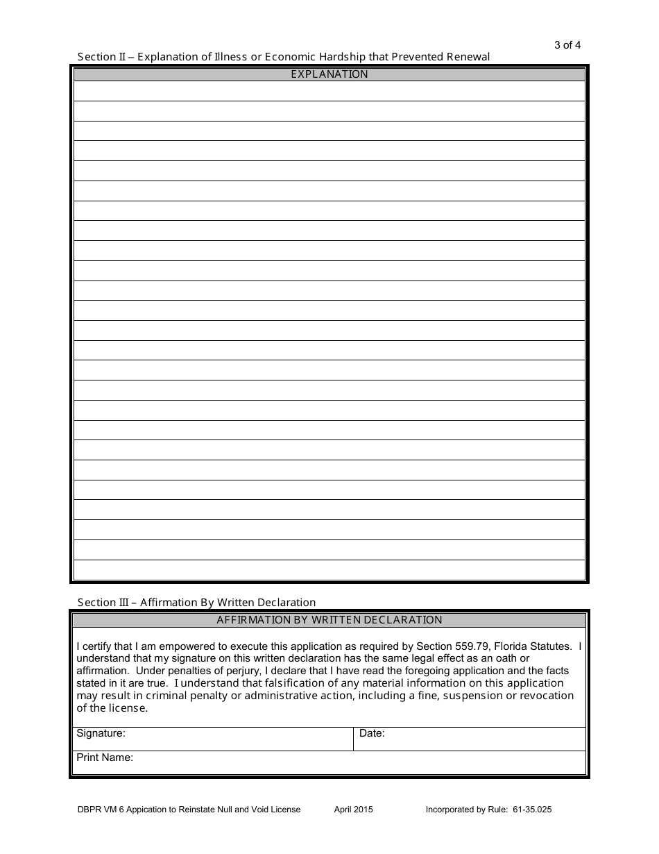Form DBPR VM6 Application to Reinstate Null and Void License - Florida, Page 3