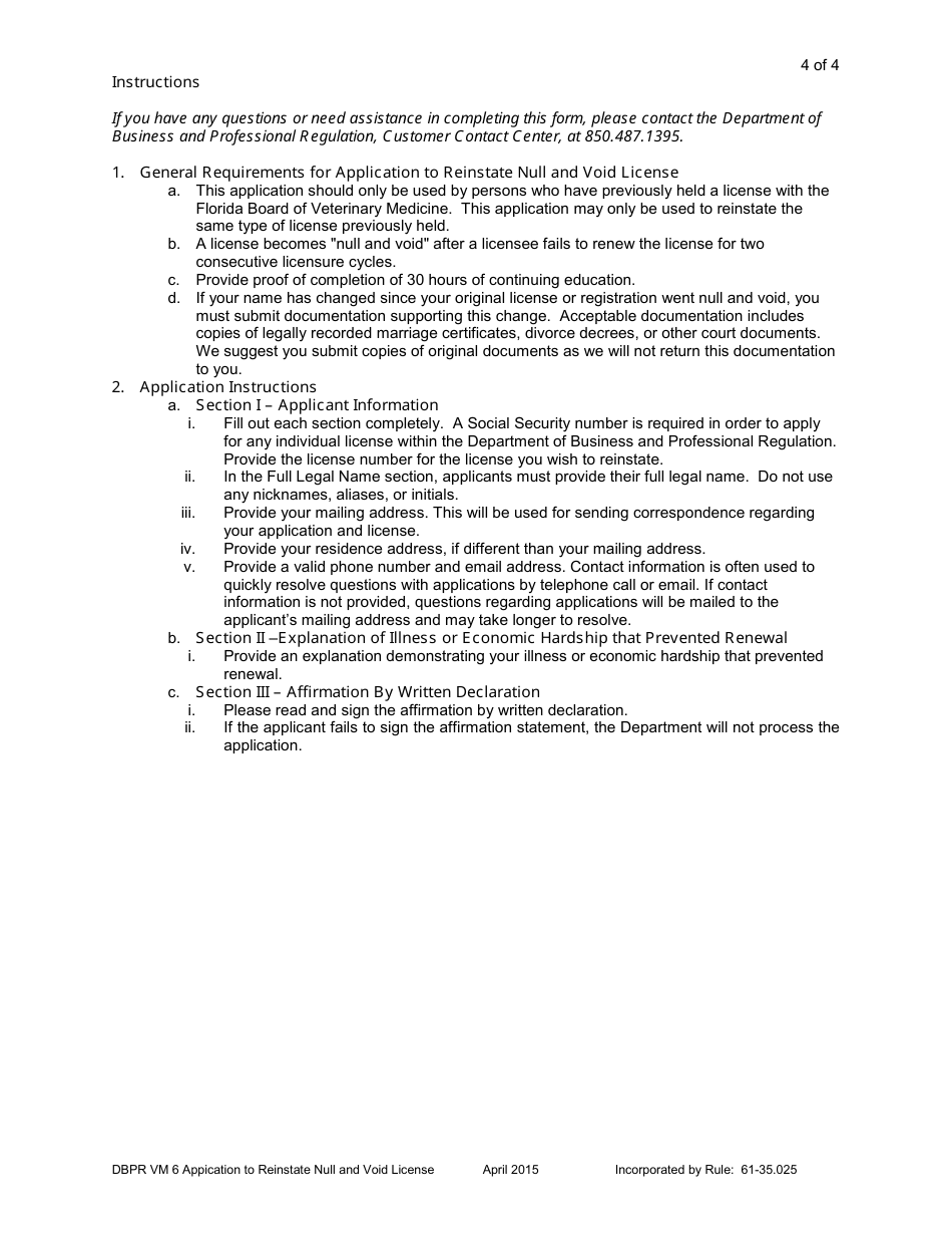 Form DBPR VM6 Application to Reinstate Null and Void License - Florida, Page 4