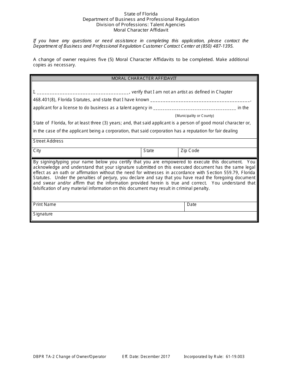 Form DBPR TA-2 Application for Change of Owner or Operator - Florida, Page 10