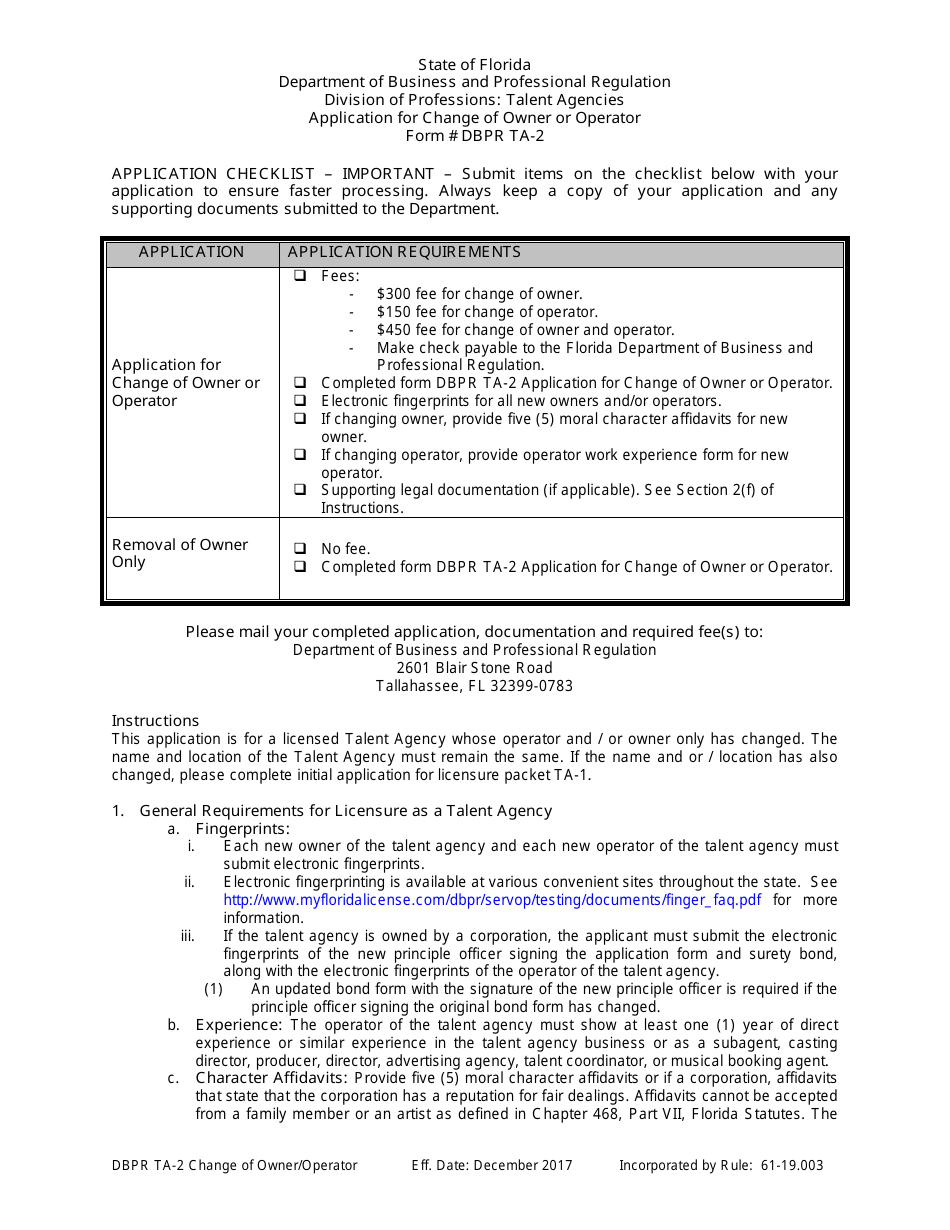 Form DBPR TA-2 Application for Change of Owner or Operator - Florida, Page 1