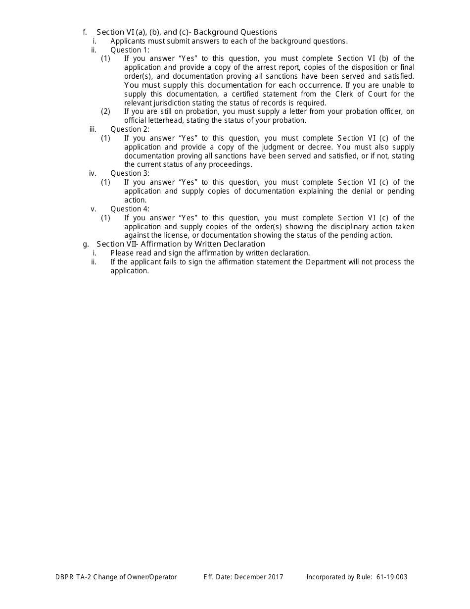 Form DBPR TA-2 Application for Change of Owner or Operator - Florida, Page 3