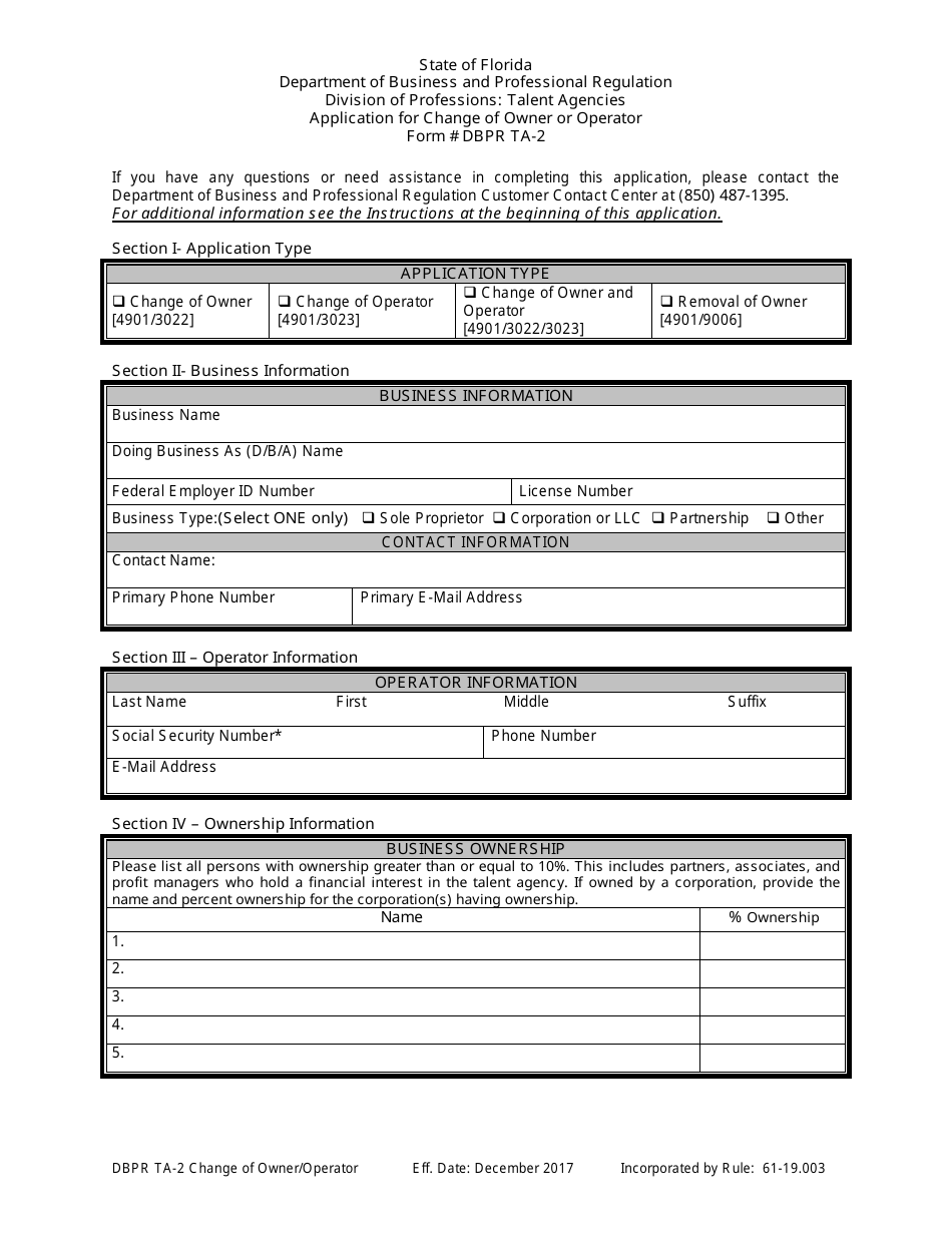 Form DBPR TA-2 Application for Change of Owner or Operator - Florida, Page 4