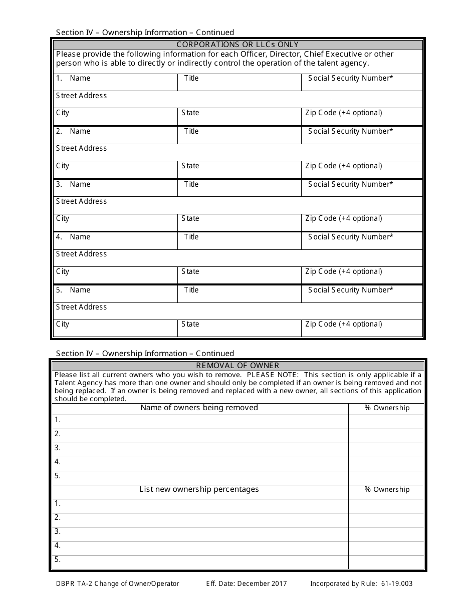Form DBPR TA-2 Application for Change of Owner or Operator - Florida, Page 5