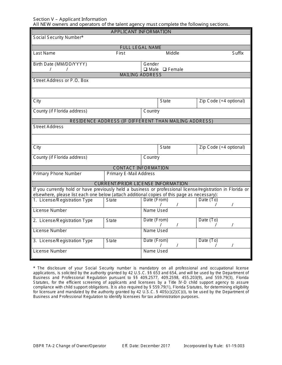 Form DBPR TA-2 Application for Change of Owner or Operator - Florida, Page 6