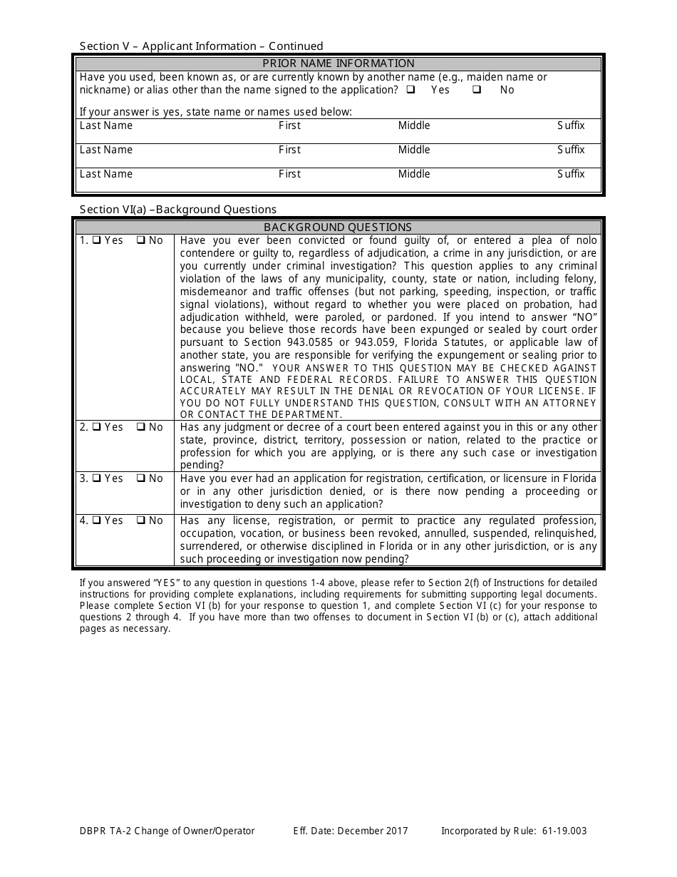 Form DBPR TA-2 Application for Change of Owner or Operator - Florida, Page 7