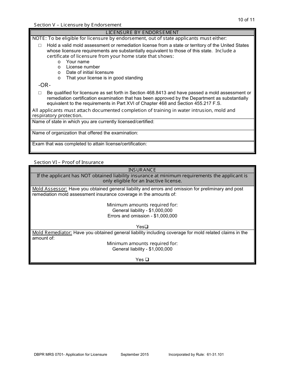 Form DBPR MRS0701 Application for Licensure - Florida, Page 10