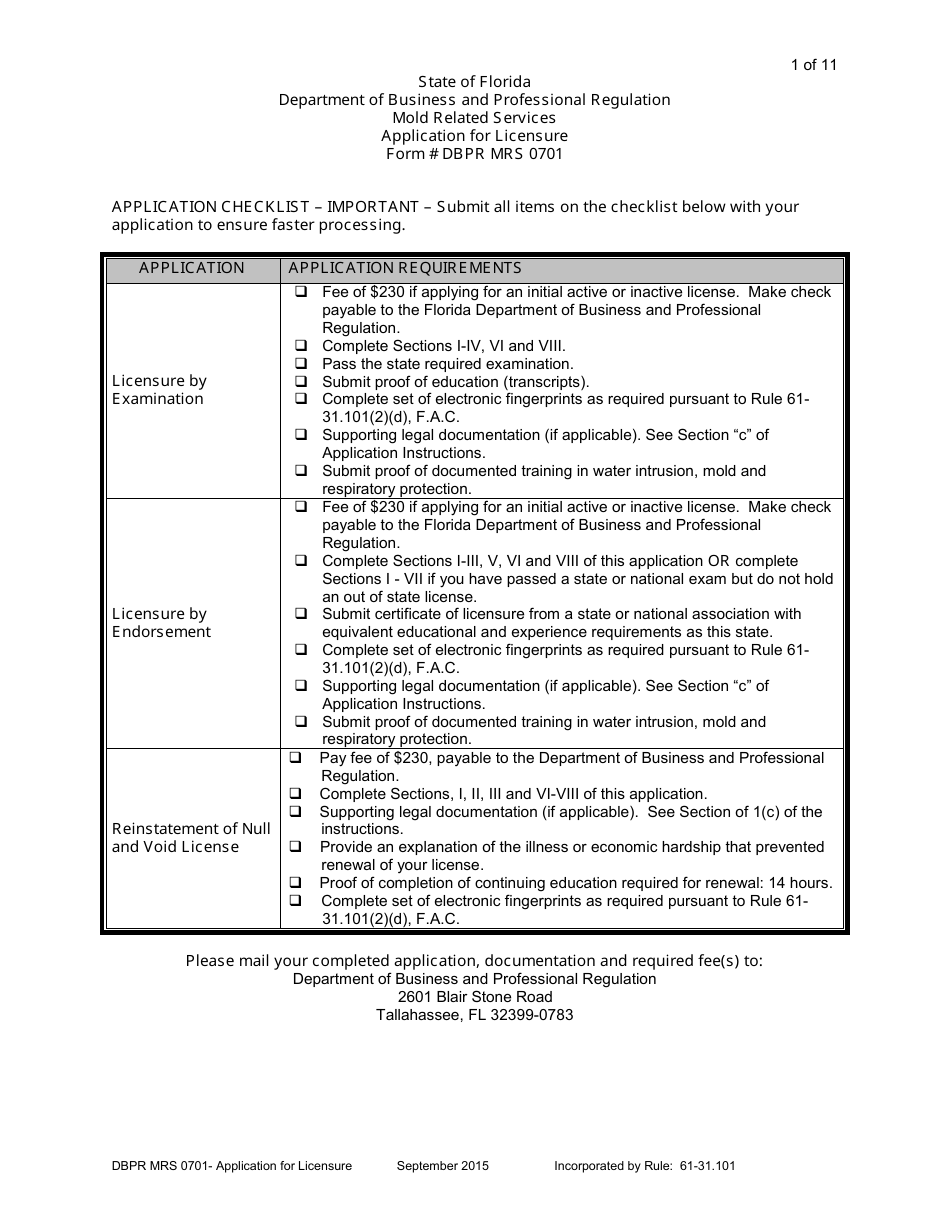Form DBPR MRS0701 Application for Licensure - Florida, Page 1
