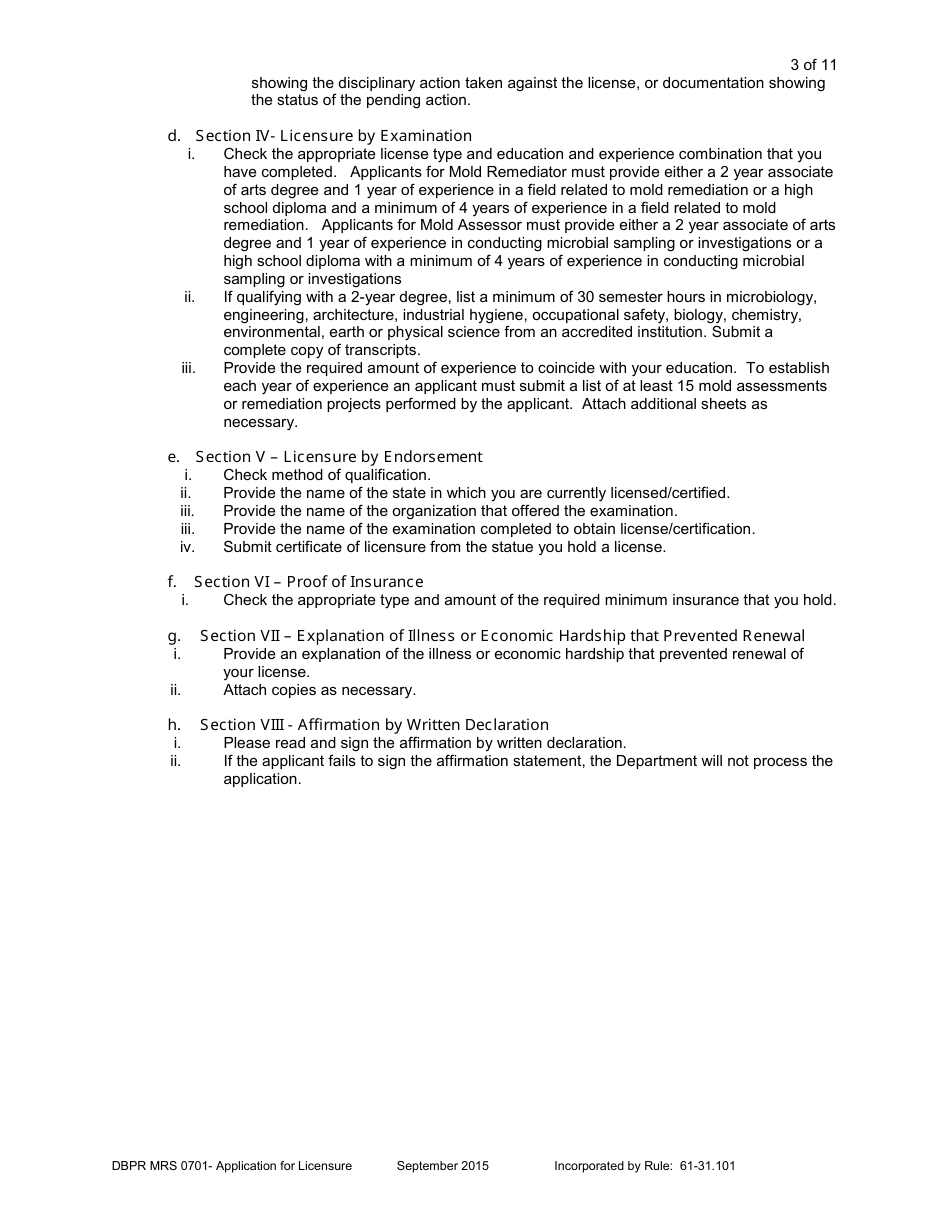 Form DBPR MRS0701 Application for Licensure - Florida, Page 3