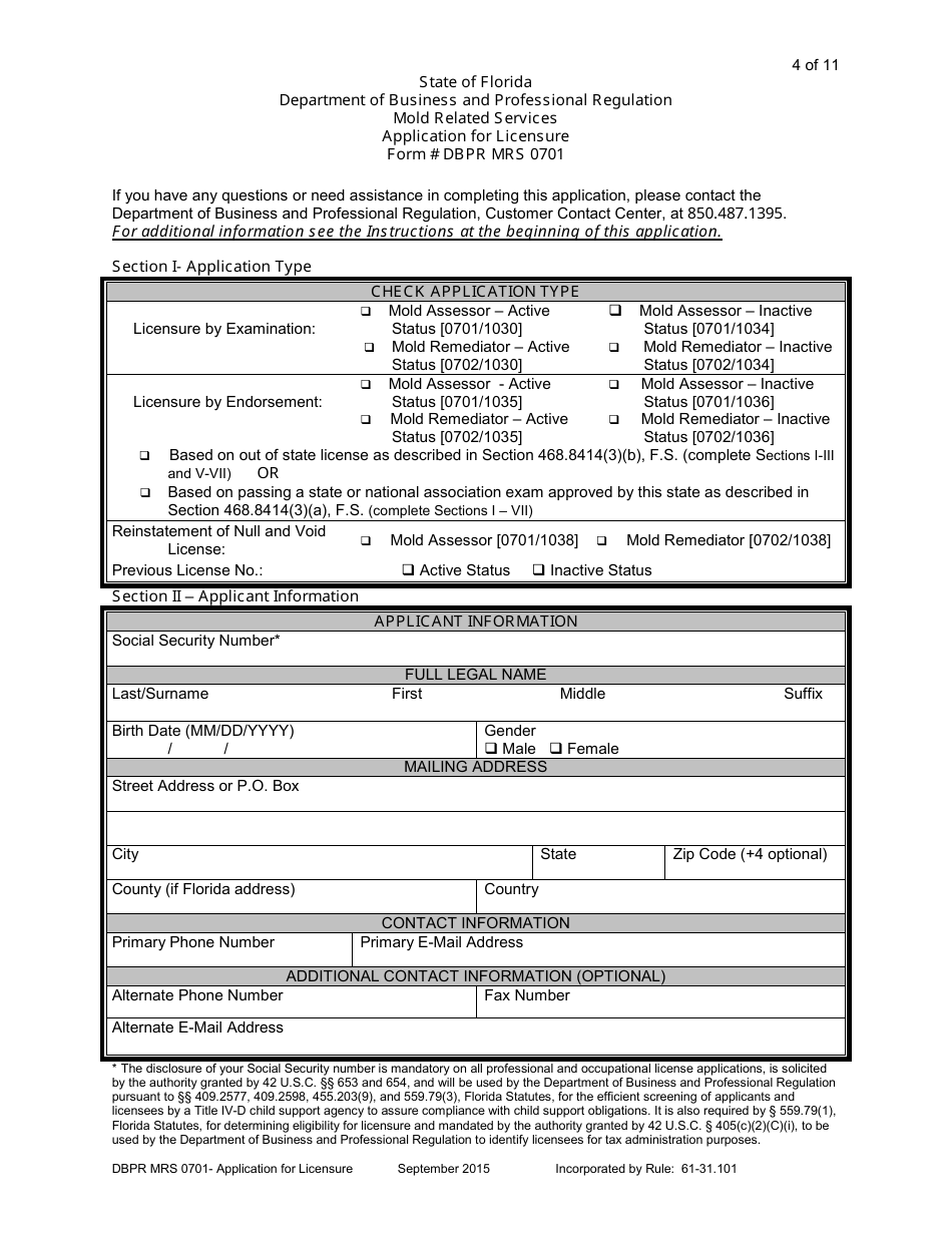 Form DBPR MRS0701 Application for Licensure - Florida, Page 4