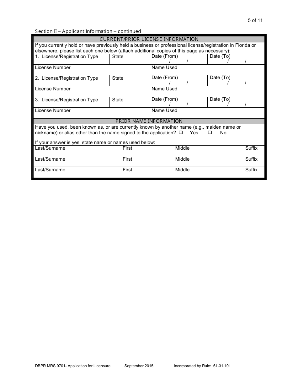 Form DBPR MRS0701 Application for Licensure - Florida, Page 5