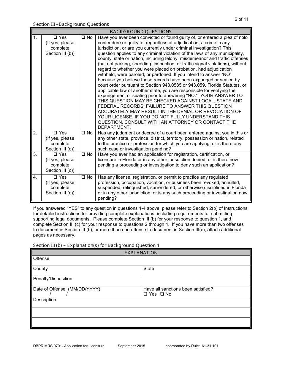 Form DBPR MRS0701 Application for Licensure - Florida, Page 6