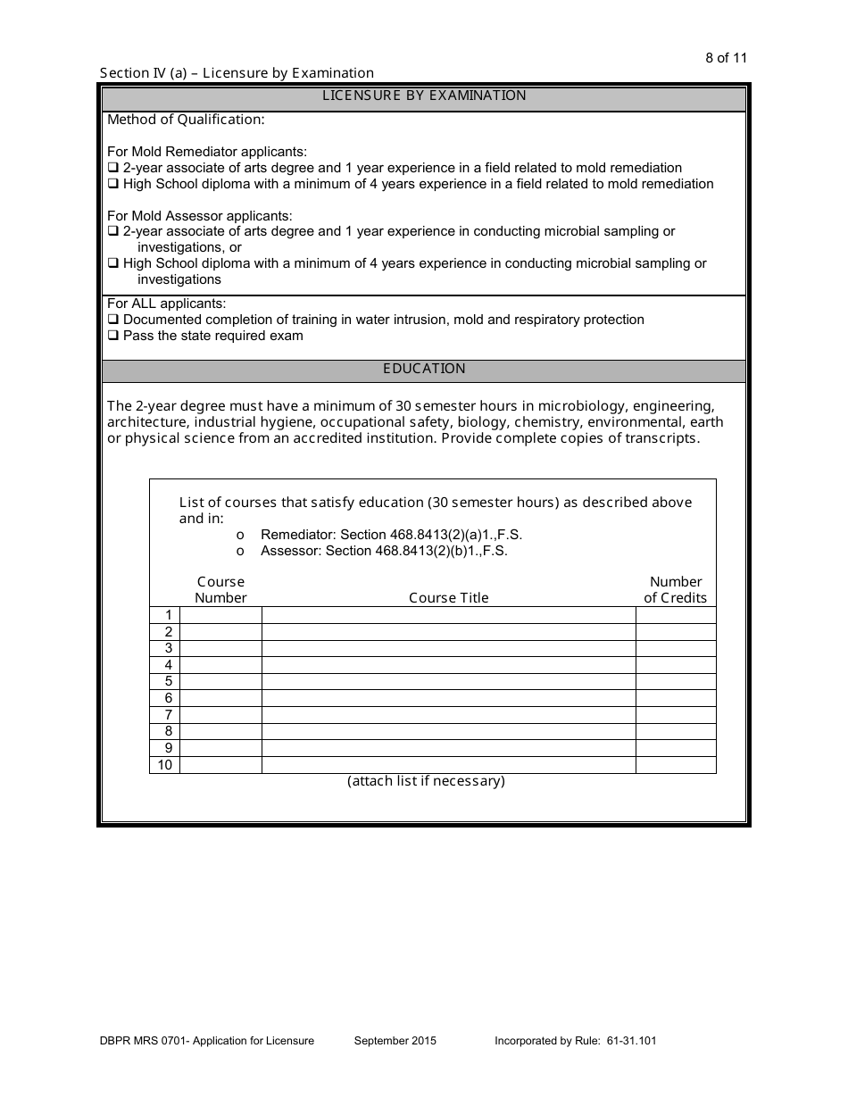 Form DBPR MRS0701 Application for Licensure - Florida, Page 8