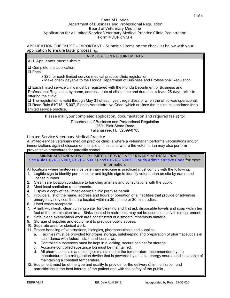 Form DBPR VM4 Limited-Service Veterinary Medical Practice Clinic Registration - Board of Veterinary Medicine - Florida, Page 1