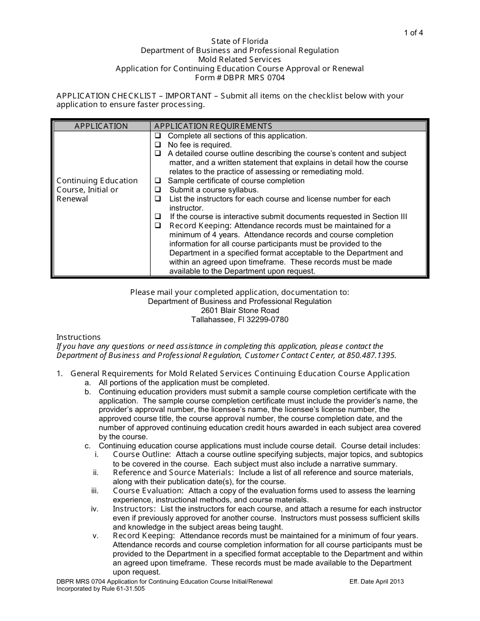 Form DBPR MRS0704 Application for Continuing Education Course Approval or Renewal - Florida, Page 1
