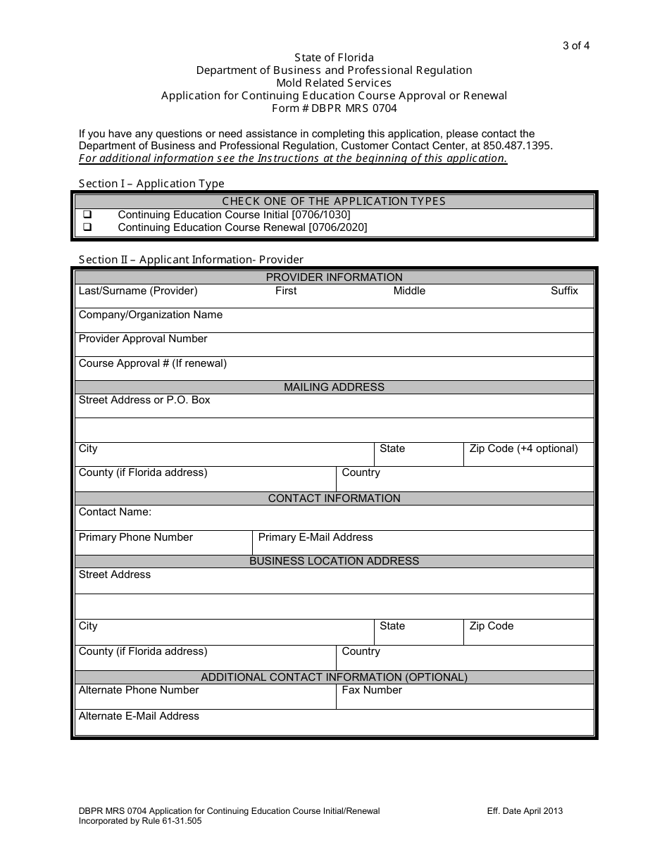 Form DBPR MRS0704 Application for Continuing Education Course Approval or Renewal - Florida, Page 3