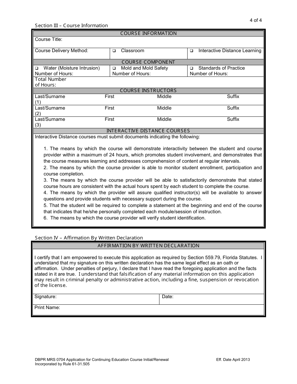 Form DBPR MRS0704 Application for Continuing Education Course Approval or Renewal - Florida, Page 4