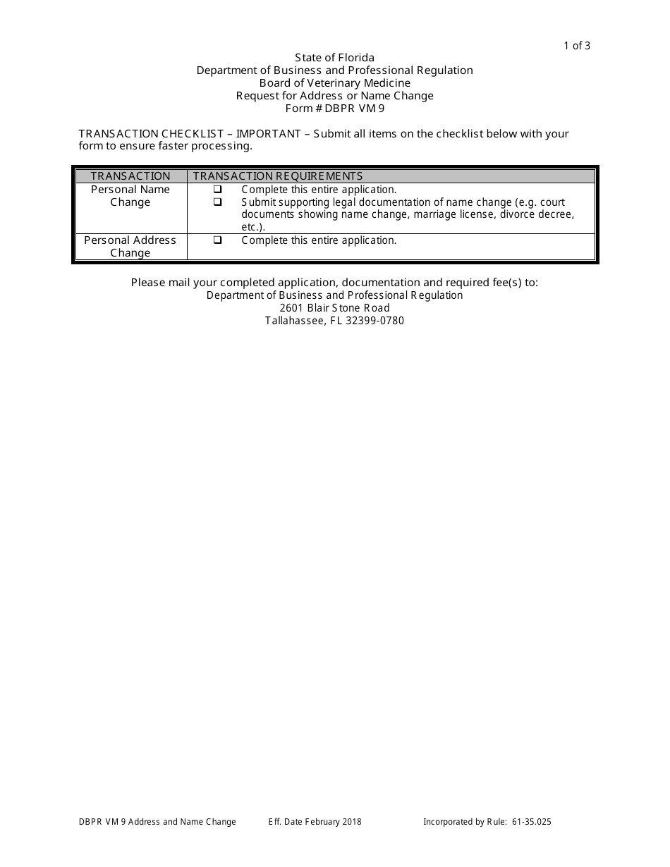 Form DBPR VM9 Request for Address or Name Change - Florida, Page 1