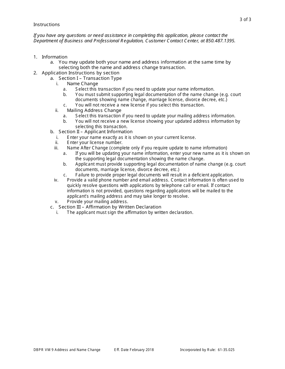 Form DBPR VM9 Request for Address or Name Change - Florida, Page 3