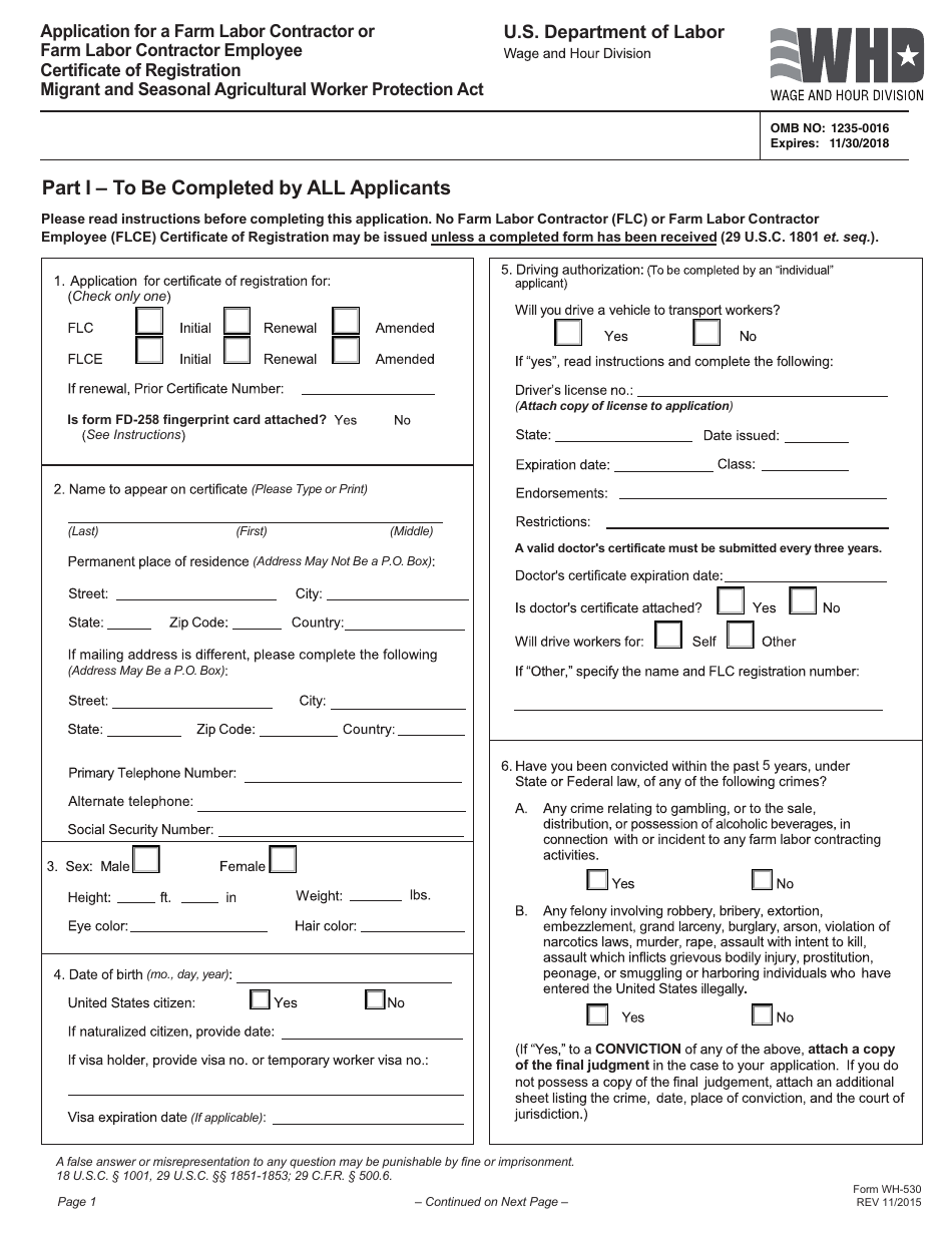 Form WH-530 Application for a Farm Labor Contractor or Farm Labor Contractor Employee, Page 1