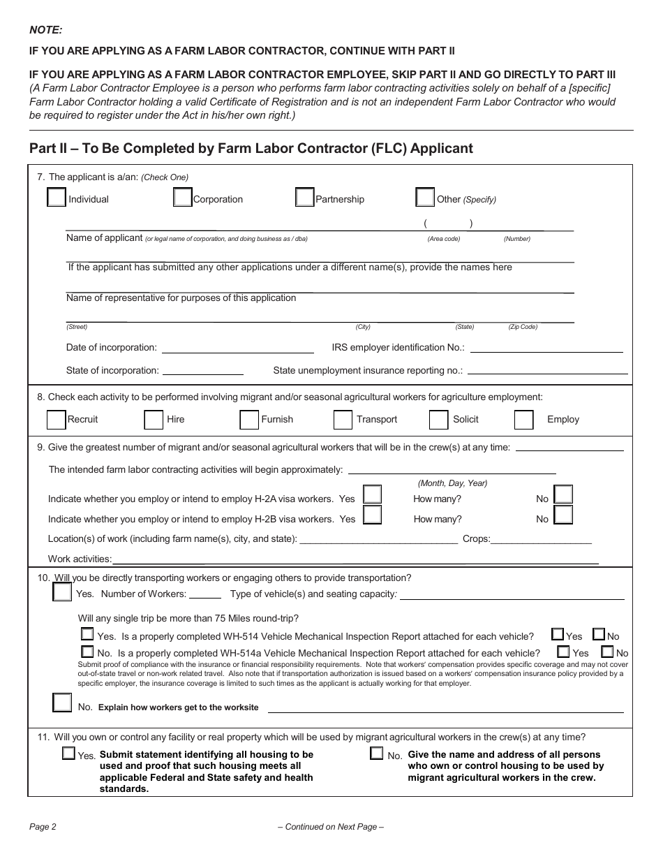 Form WH-530 Application for a Farm Labor Contractor or Farm Labor Contractor Employee, Page 2