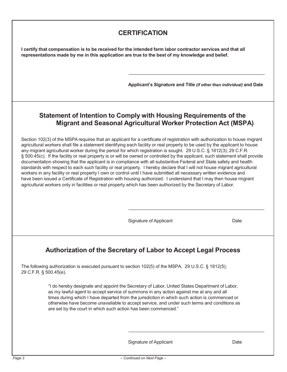Form WH-530 Application for a Farm Labor Contractor or Farm Labor Contractor Employee, Page 3