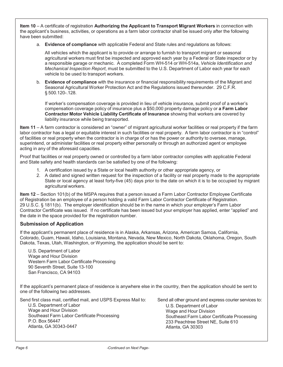 Form WH-530 Application for a Farm Labor Contractor or Farm Labor Contractor Employee, Page 6