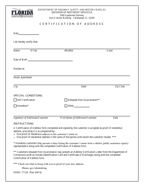 Form HSMV71120 Certification of Address - Florida