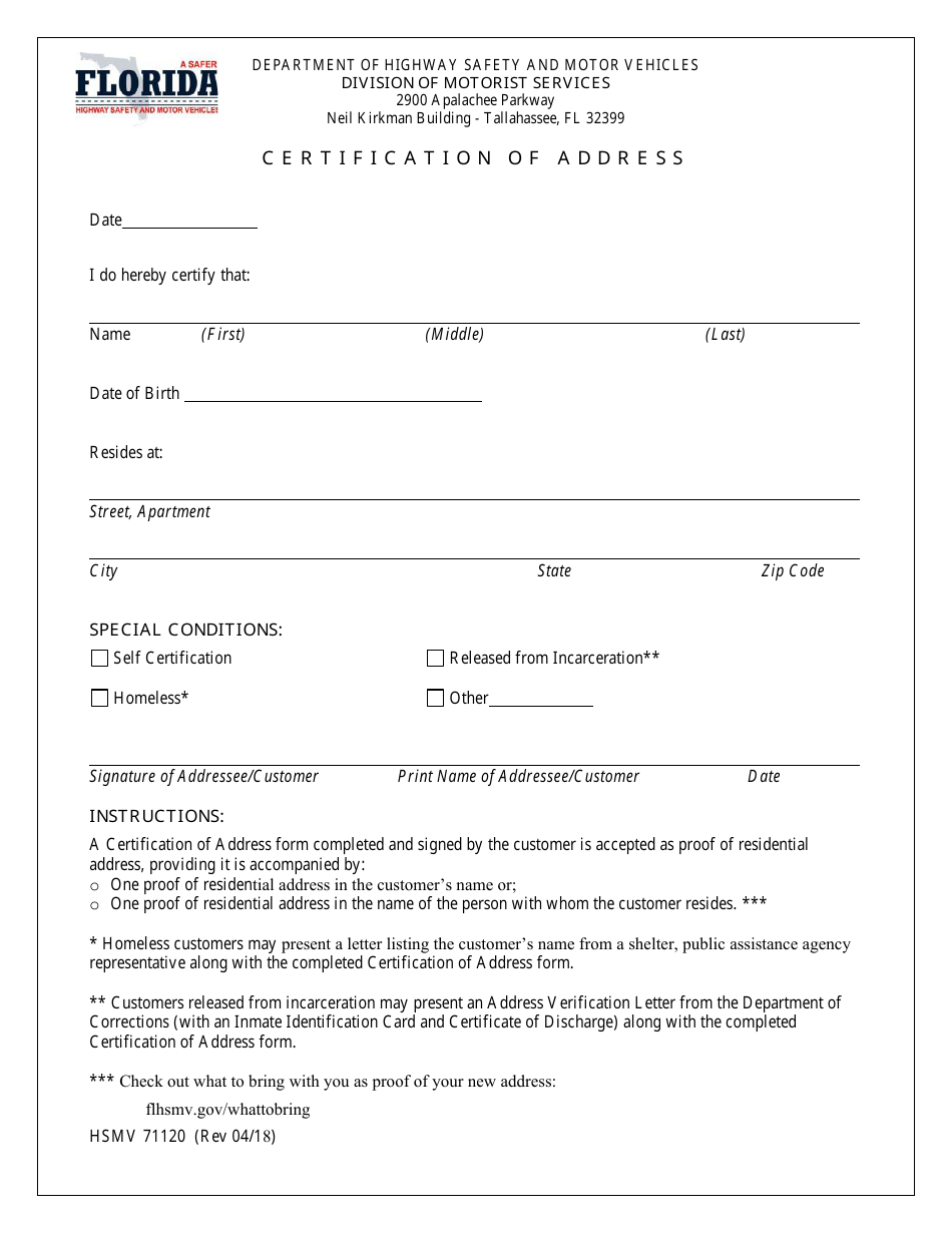 Form HSMV71120 Certification of Address - Florida, Page 1