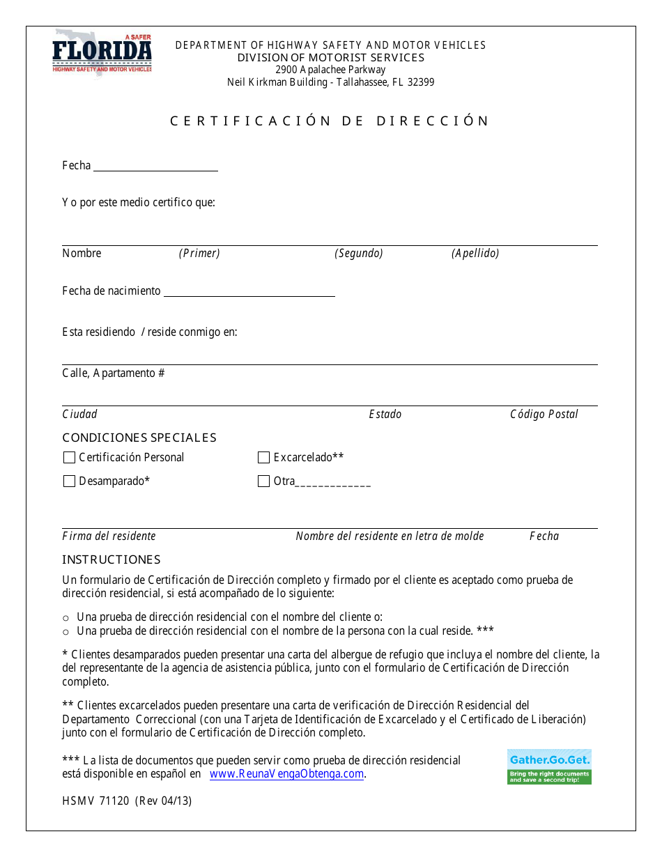Formulario HSMV71120 Certificacion De Direccion - Florida (Spanish), Page 1