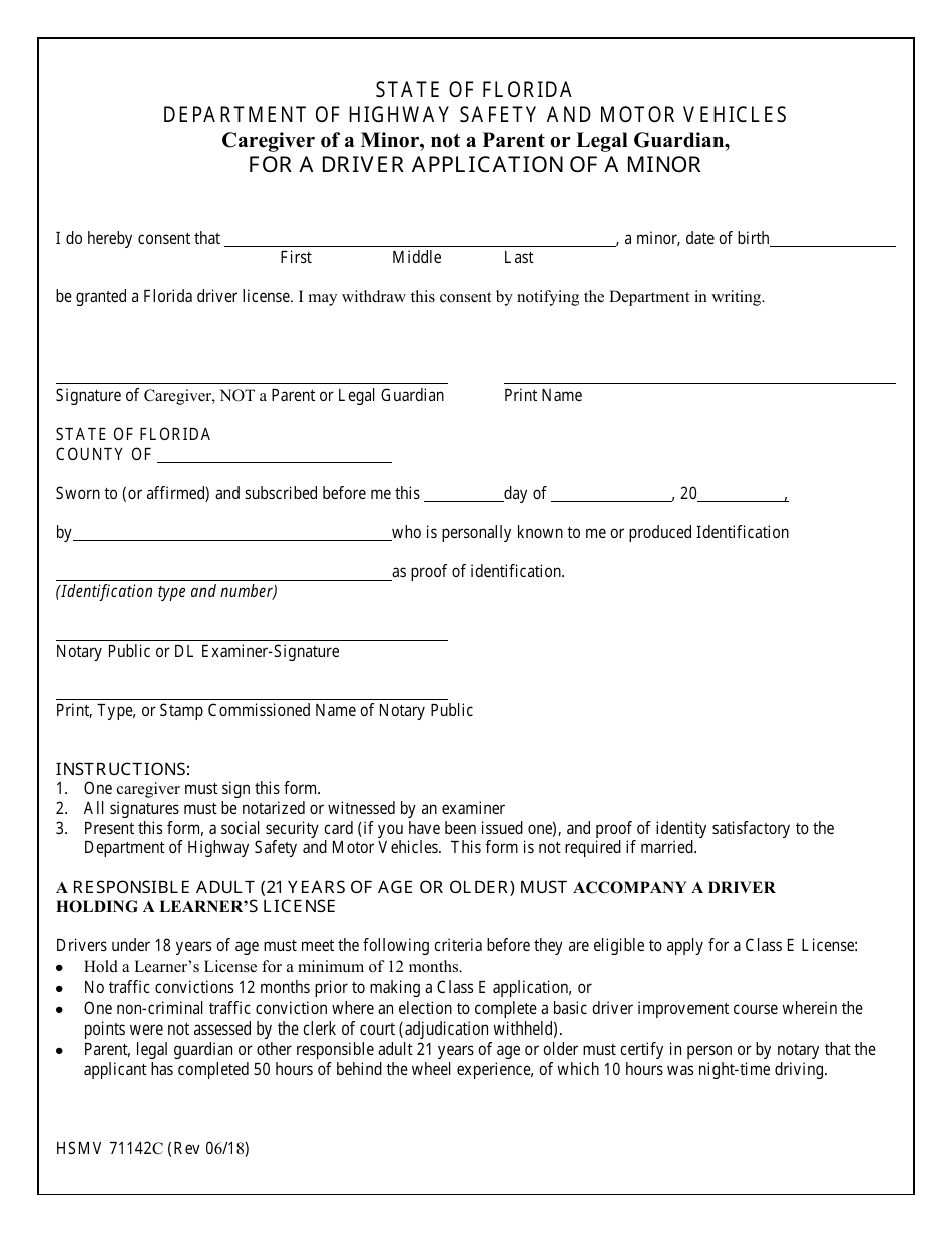 Form HSMV71142C Caregiver of a Minor, Not a Parent or Legal Guardian, for a Driver Application of a Minor - Florida, Page 1